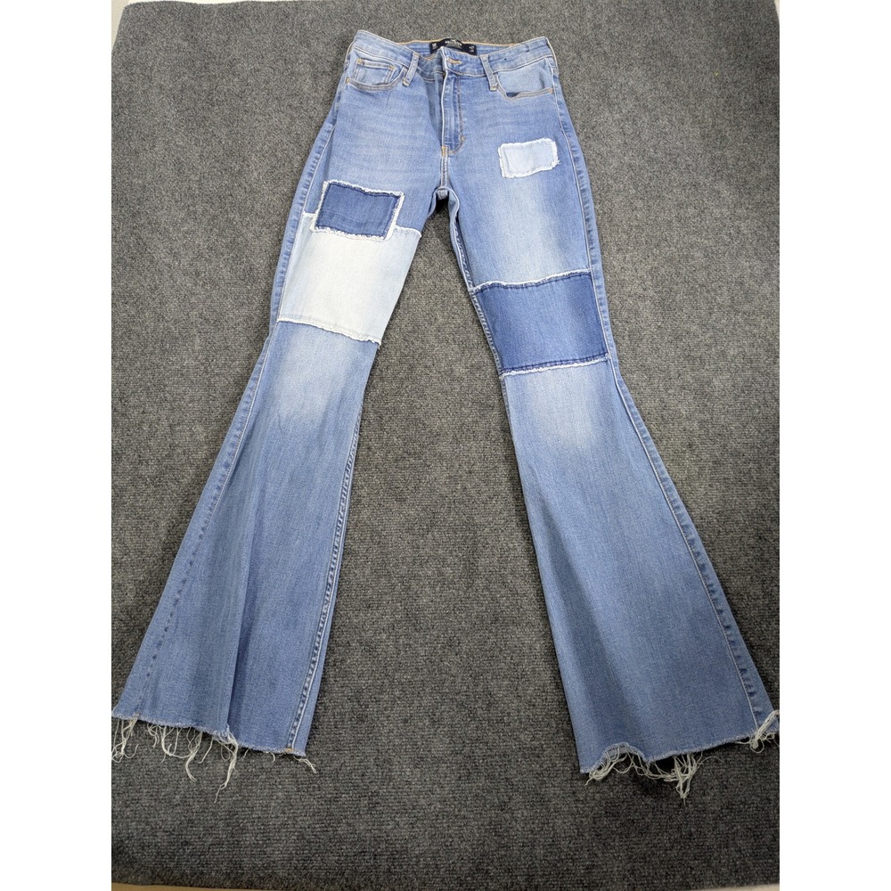 Hollister Patchwork High-Rise Flare Jeans Womens 5R W27 L31 Blue Raw Hem Boho